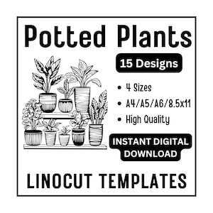 15 鉢植えの植物のリノカット トレース デザイン - A4 / A5 / A6 / USA レター - 即時ダウンロード - 植物リノリウム ブロック印刷とカード作成