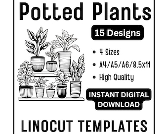 15 Potted Plants Linocut Tracing Designs - A4 / A5 / A6 / USA Letter - Instant Download - Botanical Linoleum Block Printing & Card Making