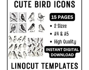 15 Pages of Cute Bird Small Icons for Linocut Woodcut Tracing Designs - A4 A5 Sizes - Instant JPG Download - Abstract Fun Pretty Birds Print