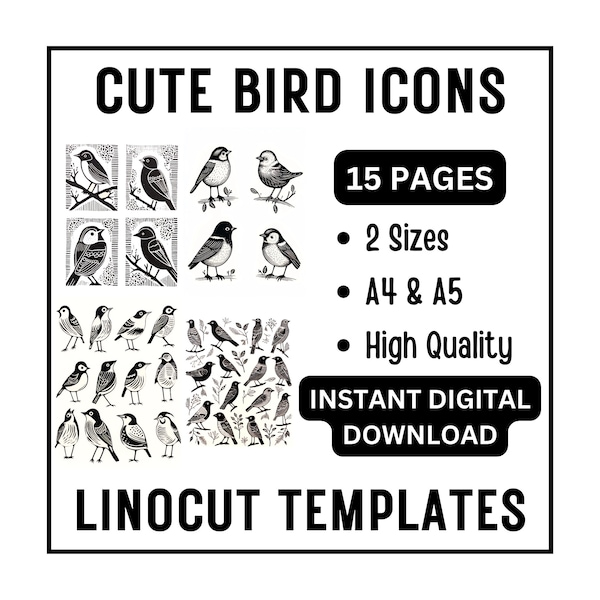 15 Pages of Cute Bird Small Icons for Linocut Woodcut Tracing Designs - A4 A5 Sizes - Instant JPG Download - Abstract Fun Pretty Birds Print