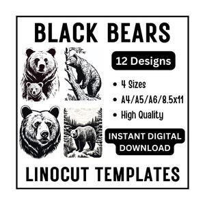 12 Black Grizzly Bears Linocut Woodcut Tracing Designs - A4 A5 A6 & US Letter Sizes - JPG Download - Crafting Printing Scrapbook Card Making