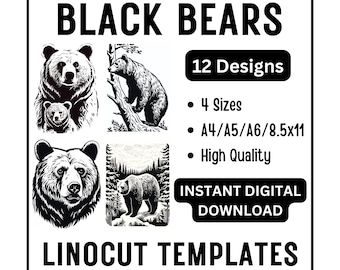 12 Black Grizzly Bears Linocut Woodcut Tracing Designs - A4 A5 A6 & US Letter Sizes - JPG Download - Crafting Printing Scrapbook Card Making