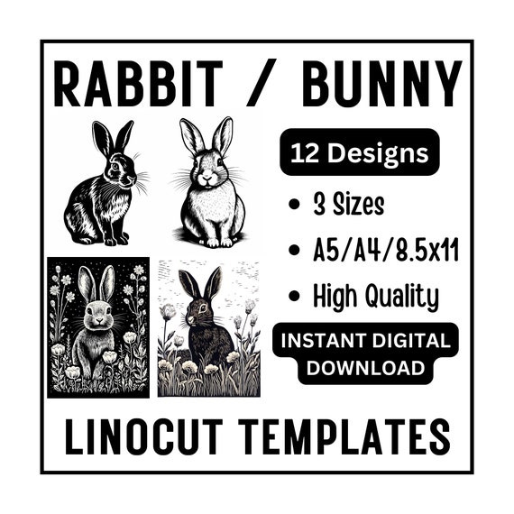 12 Rabbit Bunny Linocut Woodcut Tracing Designs - A4 A5 USA Letter