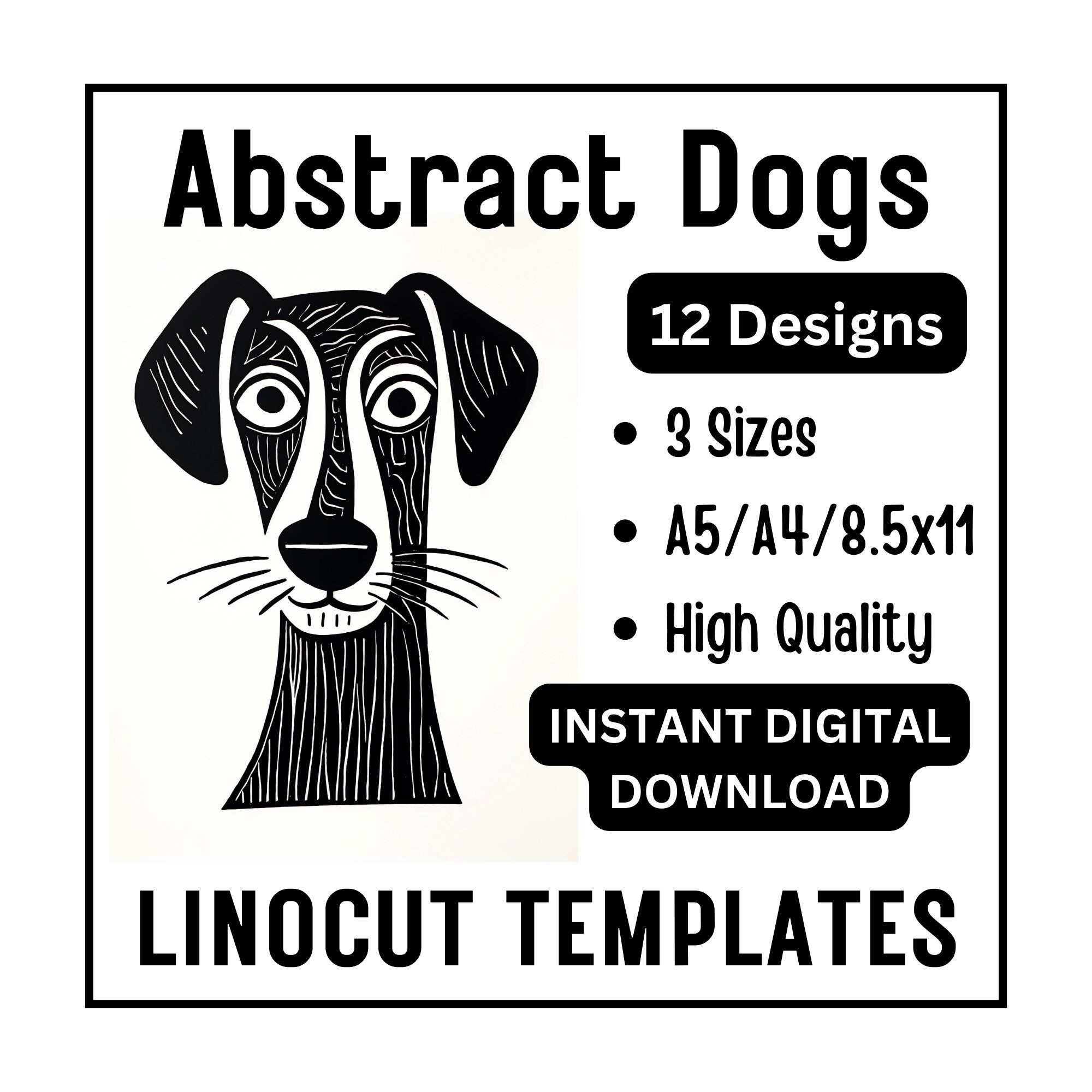 12 Abstract Funny Dogs Linocut Woodcut Tracing Designs - A4 A5 Letter Sizes - JPG Instant Download - Crafting Printing Scrapbook Wall Art