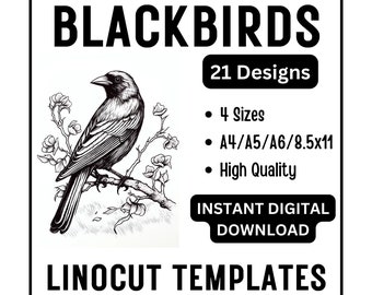 21 Blackbirds Linocut Woodcut Tracing Template Designs - A4 A5 A6 & US Letter Size JPG Download - Bird Carving Crafting Printing Card Making