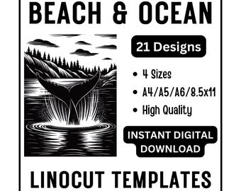 21 Ocean & Beach Linocut Templates | Seascape Coastal Designs | Seashells, Waves, Whale, Lighthouse | Digital Printmaking Art 4 Print Sizes