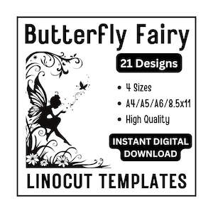 21 Schmetterling Fee Linolschnitt Holzschnitt Vorlage Design - A4 A5 A6 & US Letter JPG Download - Fantasy Carving Crafts Druckkartenherstellung