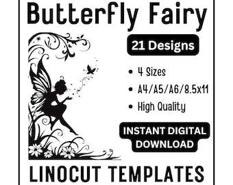 21 Butterfly Fairy Linocut Woodcut Tracing Template Design - A4 A5 A6 & US Letter JPG Download - Fantasy Carving Crafts Printing Card Making