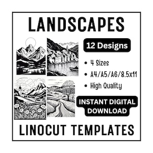 12 Landscape Linocut Tracing Designs - A4 / A5 / A6 / USA Letter Sizes - JPG Instant Download - Crafts & Card Making, Woodcut Linoleum Block