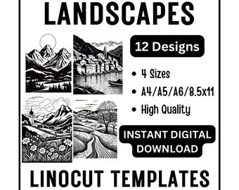 12 Landscape Linocut Tracing Designs - A4 / A5 / A6 / USA Letter Sizes - JPG Instant Download - Crafts & Card Making, Woodcut Linoleum Block