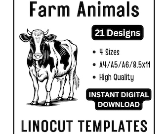 21 Farm Animals Linocut Woodcut Tracing Template Designs - 4 Size Print Ready JPG Downloads - Carving Crafting Printing Card Making Wall Art