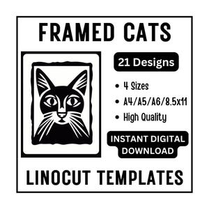 May include: Black and white digital art print featuring a stylized cat portrait within a frame. The image includes the text "FRAMED CATS," "21 Designs," "4 Sizes," and "Instant Digital Download."