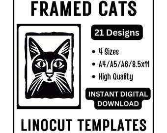 21 Framed Cats Abstract Fun Linocut Woodcut Tracing Template Design A4 A5 A6 & US Letter JPG Download - Carving Crafts Printing Card Making