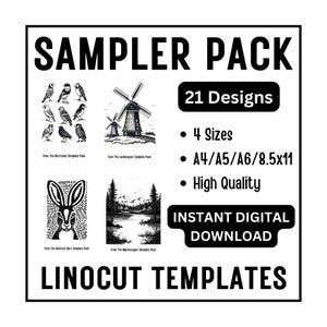 May include: A monochrome graphic promoting a "SAMPLER PACK" of "LINOCUT TEMPLATES". The image showcases illustrations of birds, windmills, a rabbit, and a landscape. Text highlights 21 designs, 4 sizes, and an instant digital download.