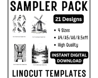 21 Sampler Pack Linocut Tracing Designs - 4 Sizes JPG - Multiple Subjects For Beginner Carving - Crafting Printing Scrapbooking Card Making