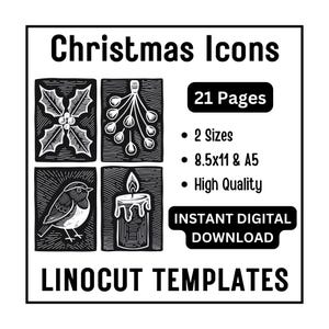 80+ Cute Christmas Icon Linocut Woodcut Tracing Designs - A5 & US Letter Size JPG Download - Xmas Crafting Printing Scrapbooking Card Making