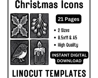 80+ Cute Christmas Icon Linocut Woodcut Tracing Designs - A5 & US Letter Size JPG Download - Xmas Crafting Printing Scrapbooking Card Making