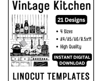 Vintage Kitchen Linocut Templates | Rustic Cooking & Baking Tracing Designs | 21 Digital Black and White Downloads for Crafts  Printmaking