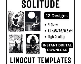 12 Lonely Solitude Linosnede houtsnede overtrekontwerpen - A4 A5 A6 en US Letter-formaat - JPG downloaden - Knutselen Afdrukken Scrapbooking Kaarten maken