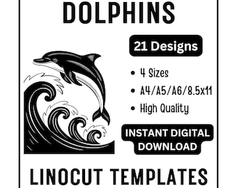 21 Dolphin  Linocut Woodcut Tracing Templates - 4 Sizes JPG Instant Download - Crafting Printing Scrapbooking - Beginner to Advanced Designs