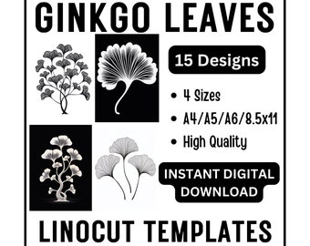 15 Ginkgo Biloba Leaf Linocut Tracing Designs - A4 / A5 / A6 / USA Letter - Instant Download - Crafts & Card Making, Woodcut Linoleum Block