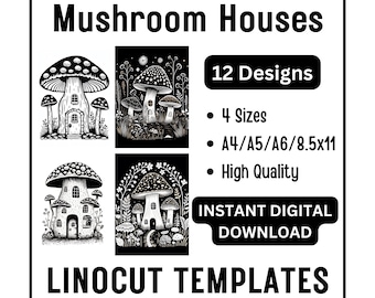 12 Mushroom House Linocut Woodcut Tracing Designs - A4 A5 A6 & US Letter Size JPG Download - Crafting Printing Scrapbooking Card Making