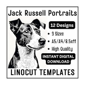 12 Jack Russell Terrier Linocut JRT Dog Portrait Woodcut Tracing Designs A4 A5 Letter Size  JPG Download Crafting Printing Scrapbook Art