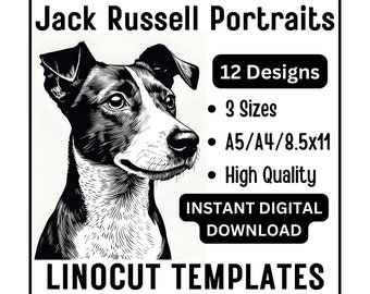 12 Jack Russell Terrier Linocut JRT Dog Portrait Woodcut Tracing Designs A4 A5 Letter Size  JPG Download Crafting Printing Scrapbook Art