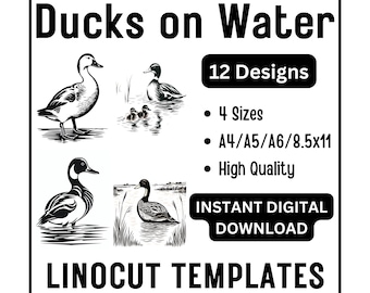 12 Ducks on Water Linocut Woodcut Tracing Designs - A4 A5 A6 & US Letter Sizes - JPG Download - Crafting Printing Scrapbooking Card Making