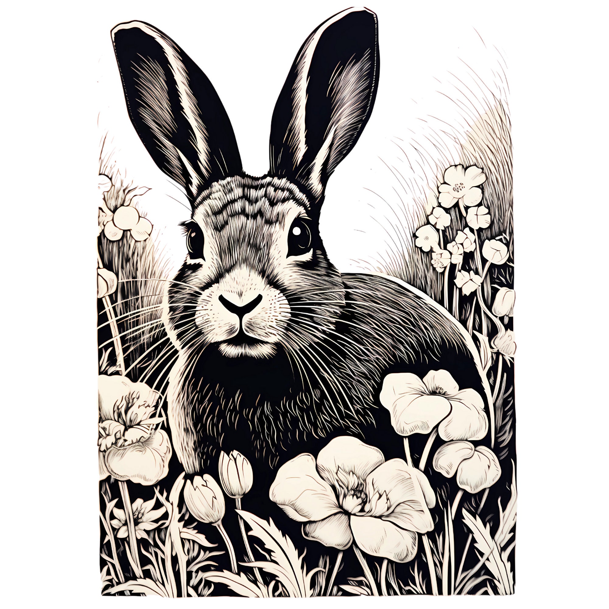 12 Rabbit Bunny Linocut Woodcut Tracing Designs - A4 A5 USA Letter