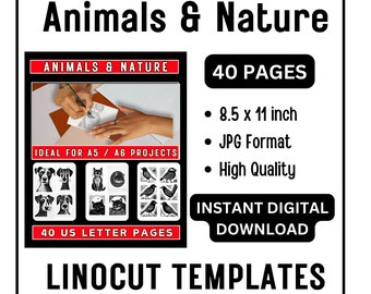 40 PAGES Linocut Tracing Templates - Animals & Nature - Birds, Botanicals, Landscapes, Wildlife - 8.5 x 11 inch JPG Instant Downloads