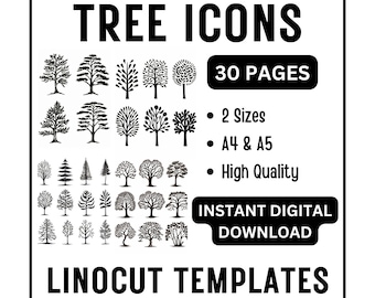 30 Pages of Tree Icons for Linocut Woodcut Tracing Designs - A4 A5 Sizes - Instant JPG Download - Card Making, Crafting, Printing, Carving