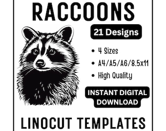 21 Raccoons Linocut Woodcut Tracing Template Designs - A4 A5 A6 & US Letter Size JPG Download - Animal Carving Crafting Printing Card Making