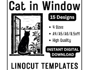 15 Cat In A Window Linocut Tracing Designs - A4 / A5 / A6 / USA Letter - Instant Download - Feline Cats Lino Block Printing & Card Making
