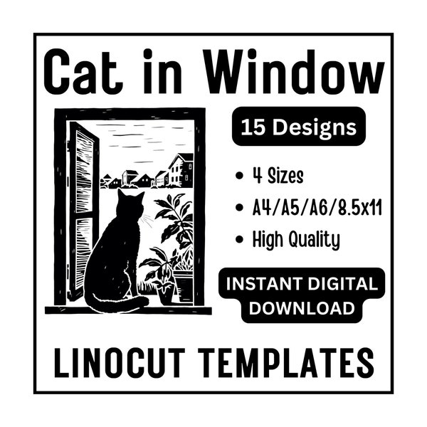 15 Cat In A Window Linocut Tracing Designs - A4 / A5 / A6 / USA Letter - Instant Download - Feline Cats Lino Block Printing & Card Making