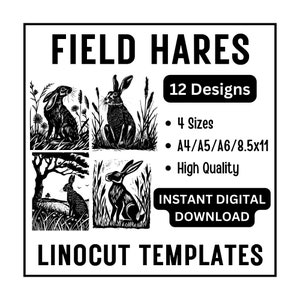 12 lièvres des champs linogravure gravure sur bois traçage dessins - abstrait - A4 A5 A6 & téléchargement JPG format lettre US - artisanat impression Scrapbooking fabrication de cartes