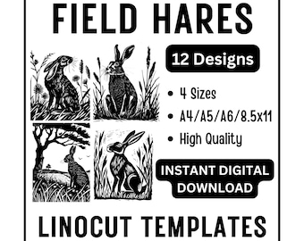 12 Field Hares Linocut Woodcut Tracing Designs - Abstract - A4 A5 A6 & US Letter Size JPG Download - Craft Printing Scrapbooking Card Making