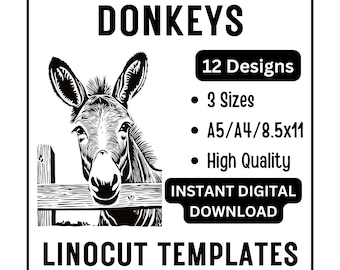 12 Cute Donkeys Linocut Woodcut Tracing Designs - A4 A5 Letter Sizes - JPG Instant Download - Crafting Printing Scrapbook Wall Art