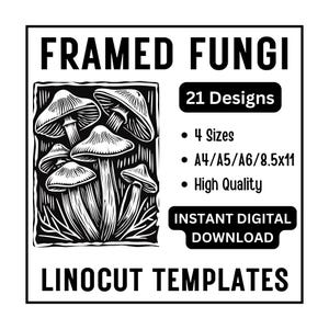 21 encadré champignons champignons vénéneux linogravure modèle de traçage modèle A4, A5, A6 et lettre US JPG à télécharger - Artisanat de sculpture, impression, fabrication de cartes