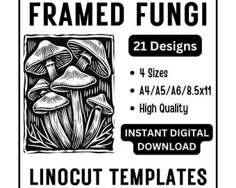 21 Framed Fungi Mushrooms Toadstools Linocut Tracing Template Design A4 A5 A6 & US Letter JPG Download - Carving Crafts Printing Card Making