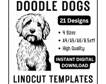 21 Doodle Dogs Linocut Woodcut Tracing Template Designs - A4 A5 A6 & US Letter JPG Download - Pets Dog Carving Crafting Printing Card Making