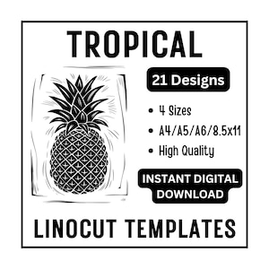 May include: Black and white linocut templates featuring 21 tropical pineapple designs. The templates are available in 4 sizes: A4, A5, A6, and 8.5x11 inches.  Instant digital download.