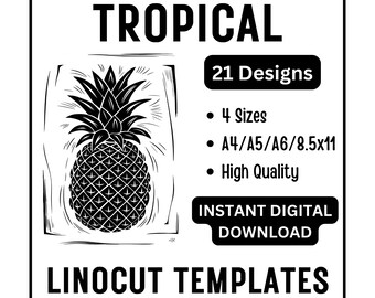 Tropical Linocut Templates | 21 Printable Designs | Palm Leaves, Flowers, Cocktails, Shells, Birds & Beach Icons | Digital Art Pack 4 Sizes