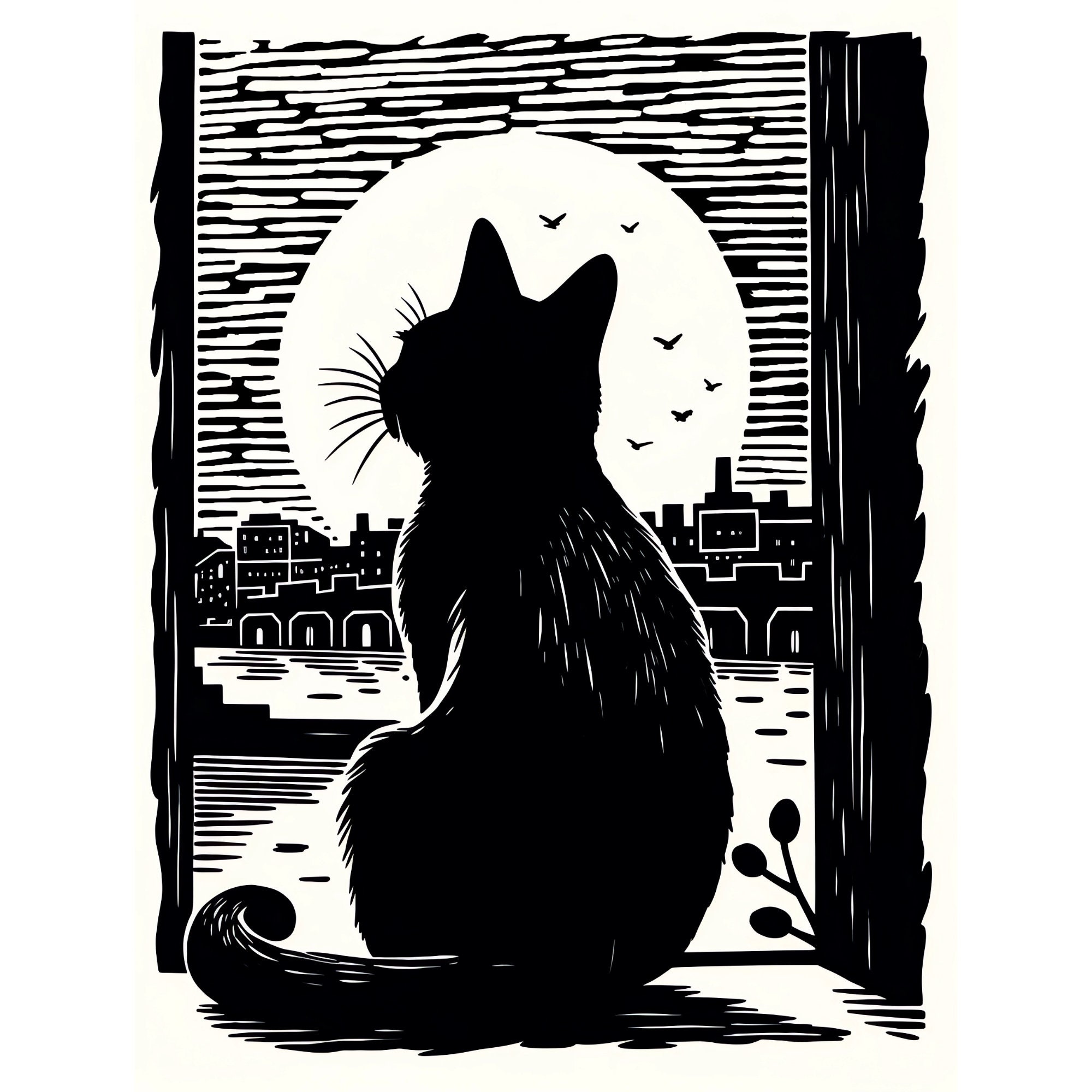 Linocut Window 15 Cat in A Window Linocut Tracing Designs - A4 / A5 / A6 / USA Letter ...