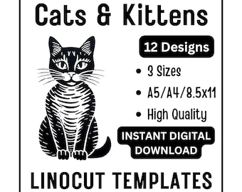 12 Abstract Cats Kittens Linocut Woodcut Tracing Designs - A4 A5 Letter Sizes - JPG Instant Download - Crafting Printing Scrapbook Wall Art