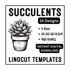 15 diseños de plantas suculentas para linóleo - Tamaño A4 / A5 / A6 / Carta EE. UU. - Descarga instantánea - Manualidades y tarjetería, Bloque de linóleo para xilografía