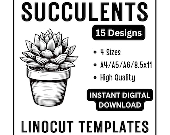 15 Succulent Plant Linocut Tracing Designs - A4 / A5 / A6 / USA Letter - Instant Download - Crafts & Card Making, Woodcut Linoleum Block