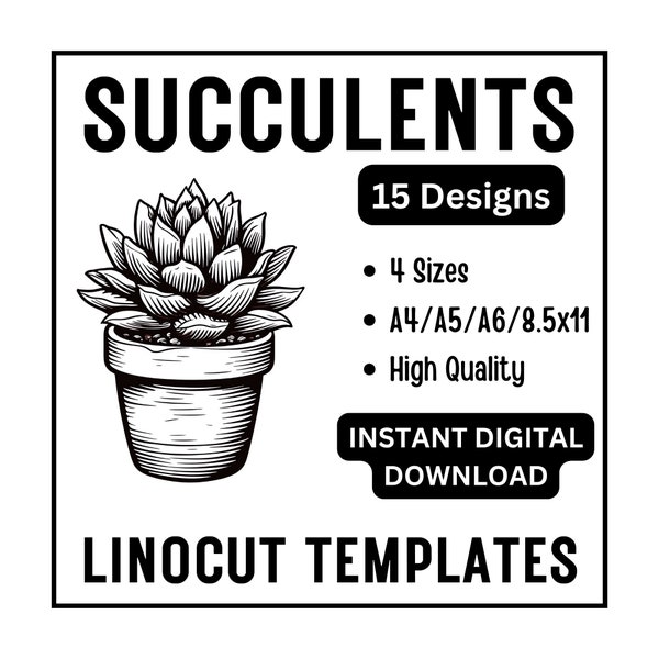 15 Succulent Plant Linocut Tracing Designs - A4 / A5 / A6 / USA Letter - Instant Download - Crafts & Card Making, Woodcut Linoleum Block