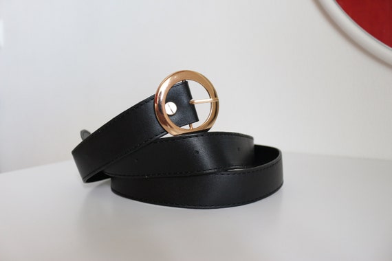 Black Vegan Leather Belt With Round Golden Buckle - Etsy display picture 1