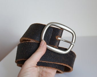 Brown Leather Belt with Matte Silver Buckle - Made in Germany